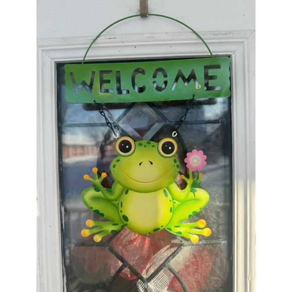 Metal Welcome Frog Figurine Sign Soring Summer Wall Art Door Hanger Decor - Picture 1 of 5